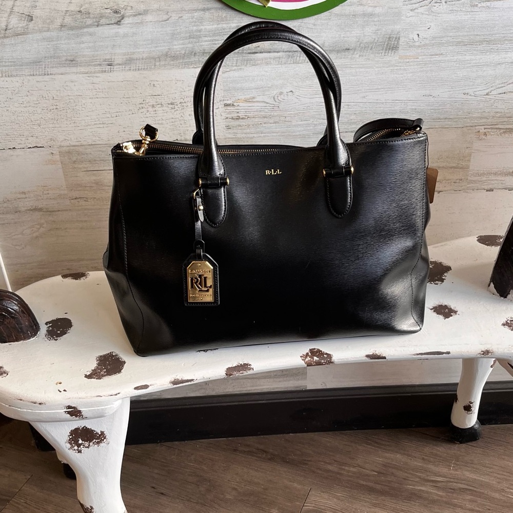 Black Crossgrain Leather Lauren Ralph Lauren Tote Bag
